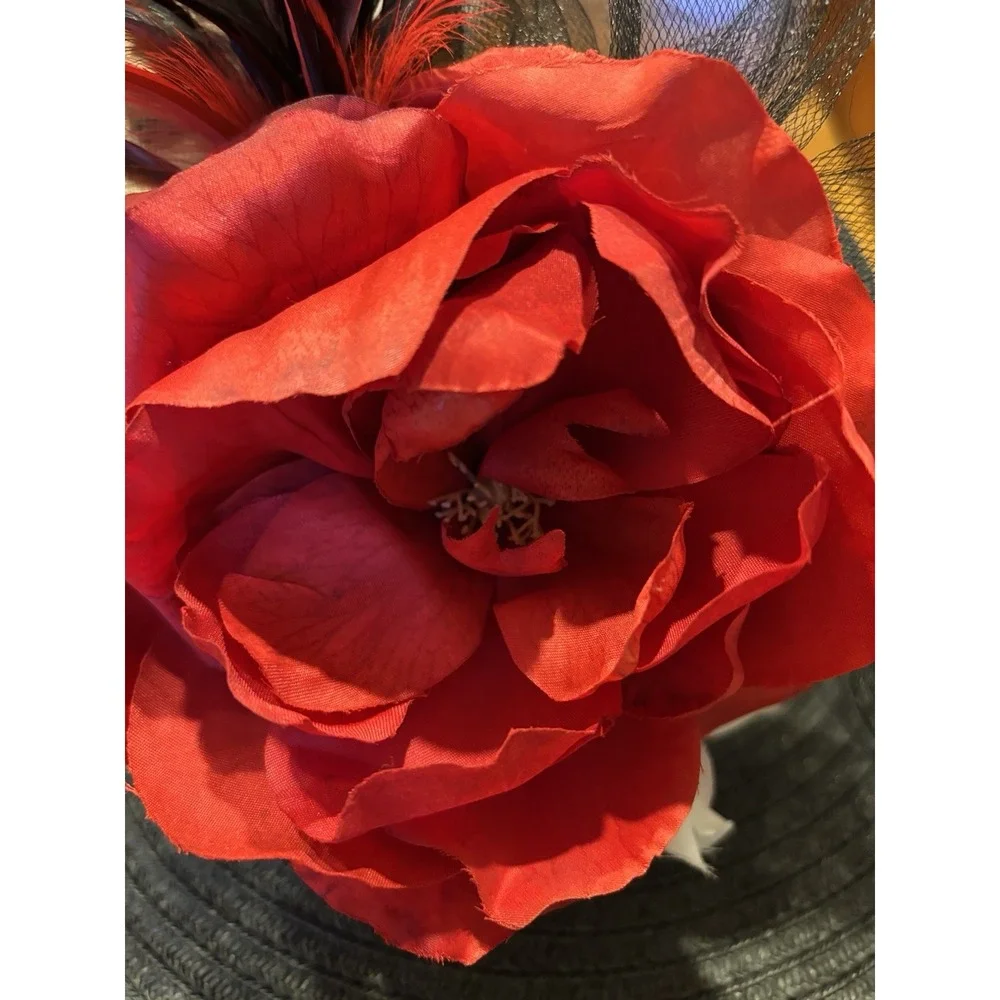 Ralph Lauren Black straw hat with feathers and Red flowers English Wedding